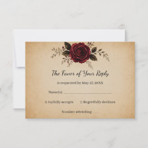 Burgundy Red Rose Black Vintage Wedding RSVP Card