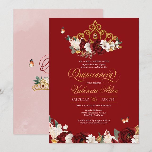 Burgundy Red Rose Butterfly Quinceanera Gold Tiara Invitation (Front/Back)