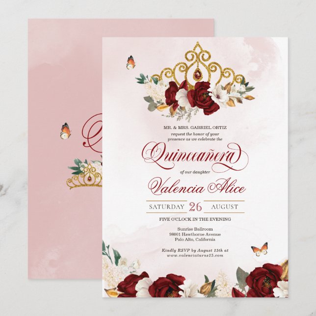 Burgundy Red Rose Butterfly Quinceanera Gold Tiara Invitation (Front/Back)