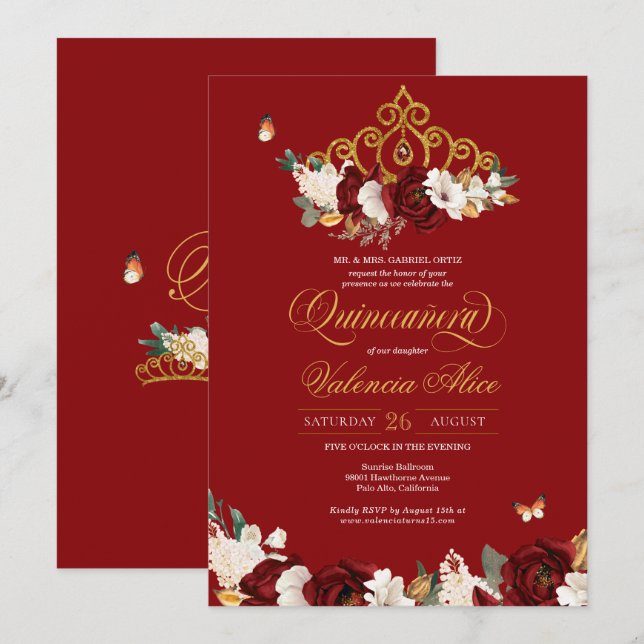 Burgundy Red Rose Butterfly Quinceanera Gold Tiara Invitation (Front/Back)