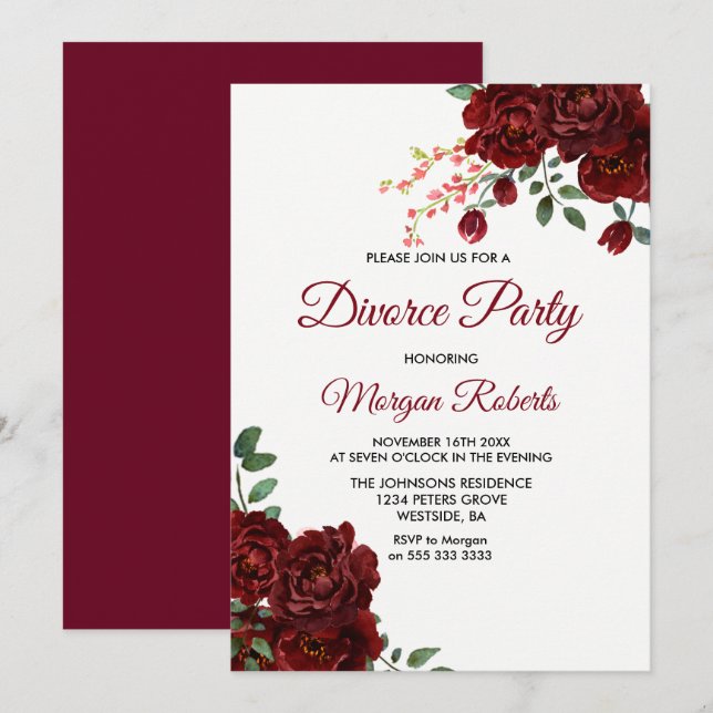 Burgundy Red Rose Floral Divorce Party Invite (Front/Back)
