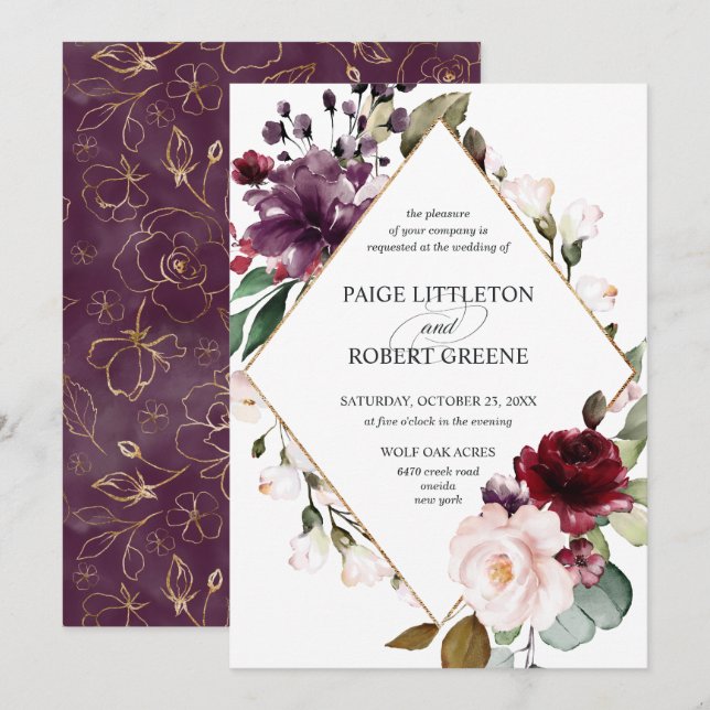 Burgundy Red Rose Floral Frame Wedding Invitation (Front/Back)
