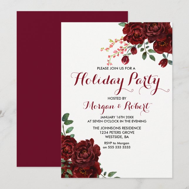 Burgundy Red Rose Floral Holiday Party Invite (Front/Back)
