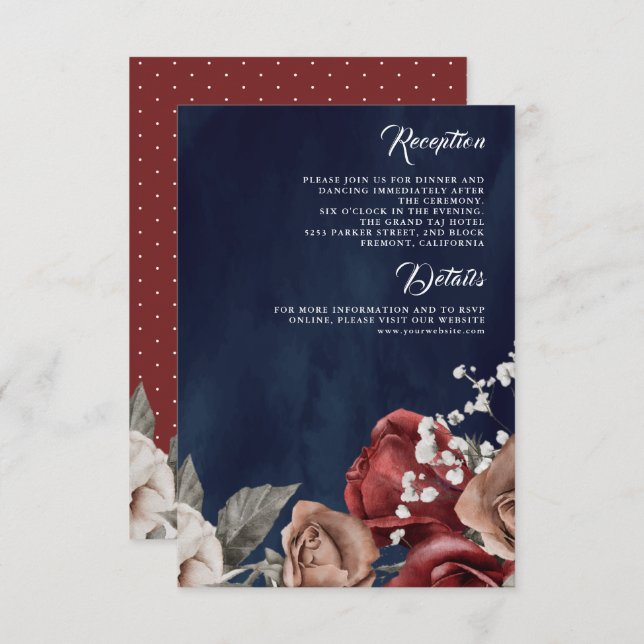 Burgundy Red Rose Floral Navy Blue Wedding Details Enclosure Card (Front/Back)