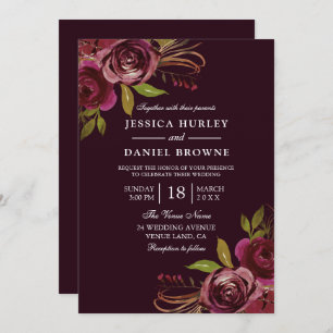 Burgundy Red Rose Floral Spring Autumn Wedding Invitation