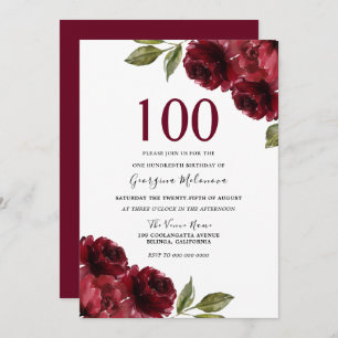 Burgundy Red Rose Floral Womans 100th Birthday Invitation