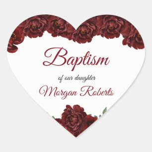 Burgundy Red Rose Flowers Baby Girl Baptism Heart Sticker