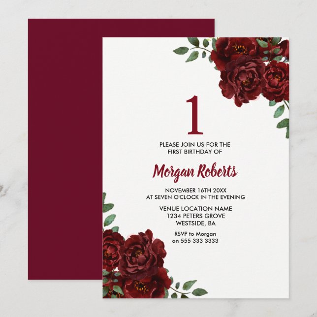 Burgundy Red Rose Girl 1st Birthday Invite (Front/Back)