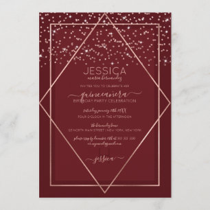 Burgundy Red Rose Gold Confetti Border Quinceañera Invitation