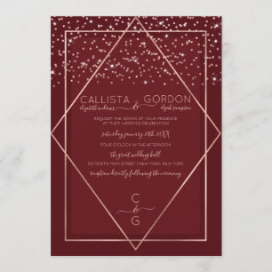 Burgundy Red Rose Gold Confetti Geo Border Wedding Invitation