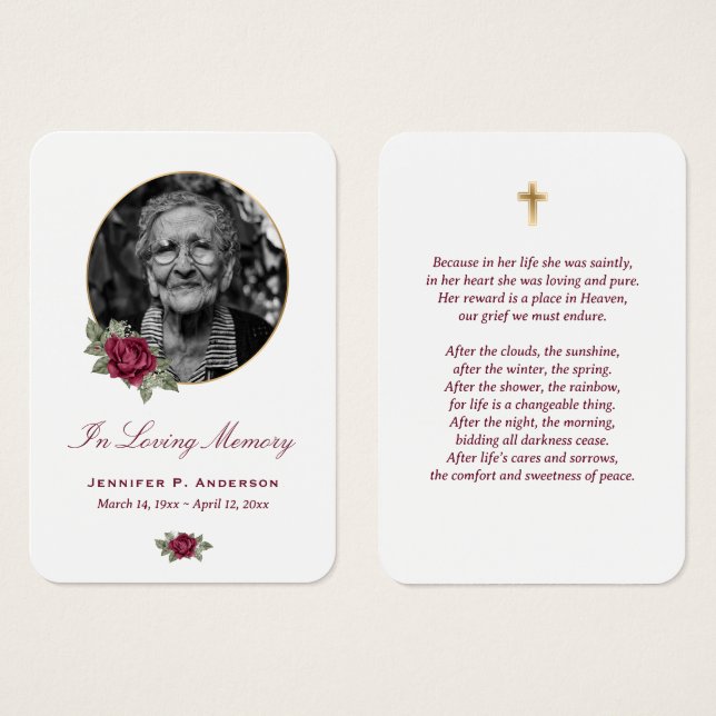 Burgundy Red Rose Gold Floral Memorial Cards (Front & Back)