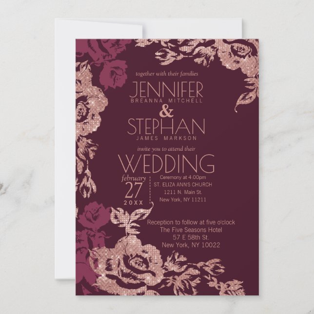 Burgundy Red Rose Gold Glitter Floral Chic Wedding Invitation (Front)