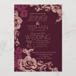 Burgundy Red Rose Gold Glitter Floral Chic Wedding Invitation