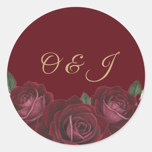 Burgundy Red Rose Gold Script Monogram Wedding  Classic Round Sticker (Front)