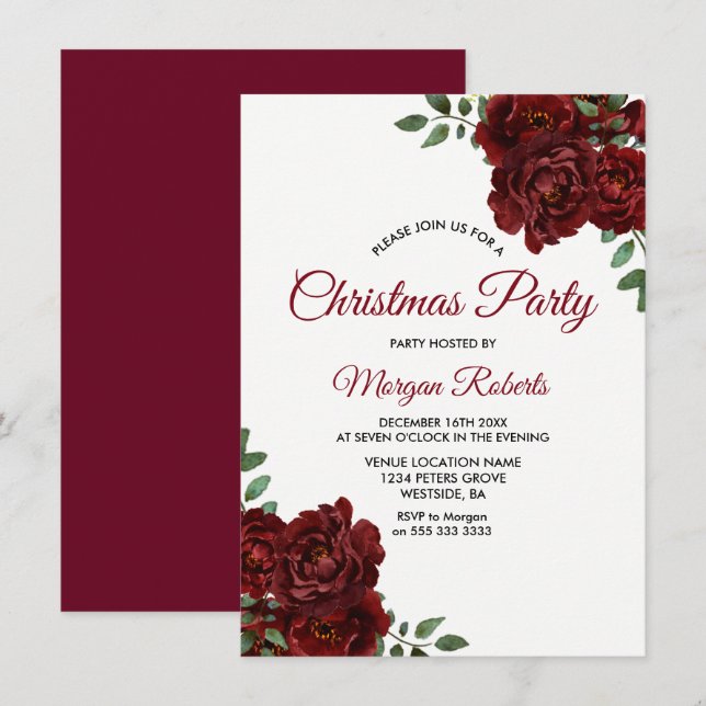 Burgundy Red Rose Office Family Christmas Party Invitation (Front/Back)