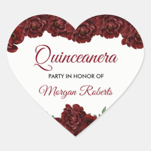 Burgundy Red Rose Quinceanera 15th Birthday Party Heart Sticker