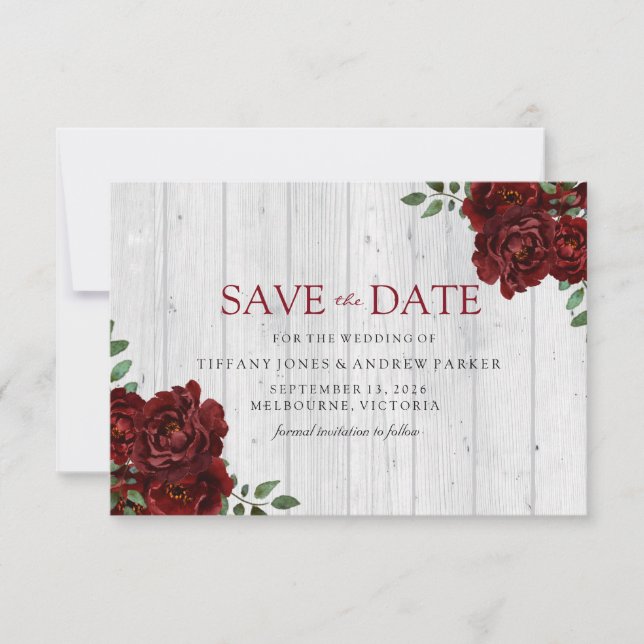 Burgundy Red Rose Romantic  Save the date (Front)