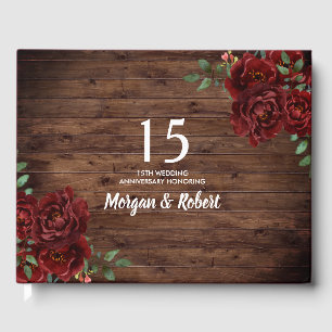 Burgundy Red Rose Rustic 15th Wedding Anniversary Guest Book