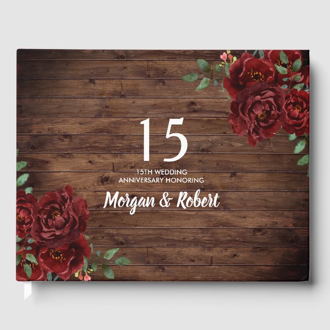 Burgundy Red Rose Rustic 15th Wedding Anniversary Guest Book (Front)