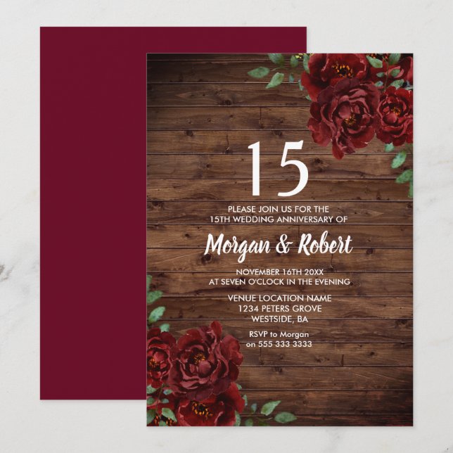 Burgundy Red Rose Rustic 15th Wedding Anniversary Invitation (Front/Back)
