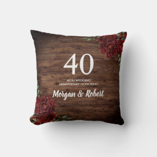 Burgundy Red Rose Rustic 40th Wedding Anniversary Cushion
