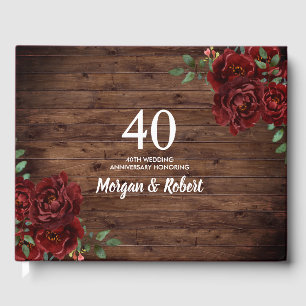 Burgundy Red Rose Rustic 40th Wedding Anniversary Guest Book