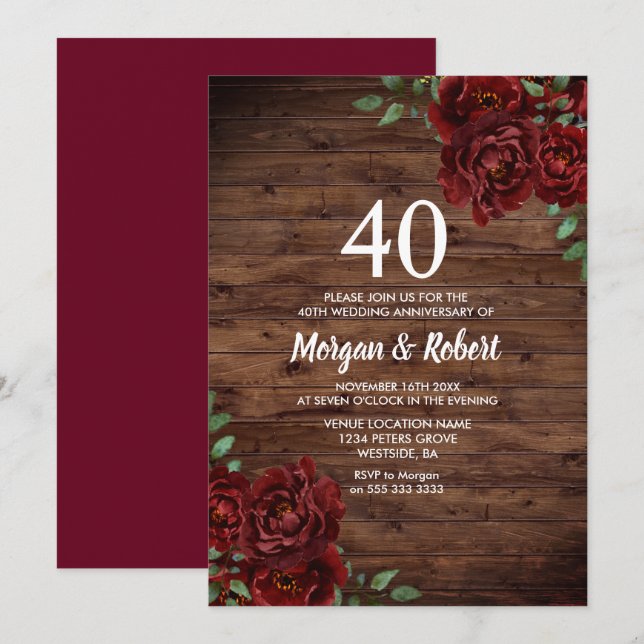 Burgundy Red Rose Rustic 40th Wedding Anniversary Invitation (Front/Back)