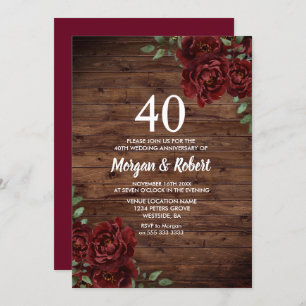 Burgundy Red Rose Rustic 40th Wedding Anniversary Invitation