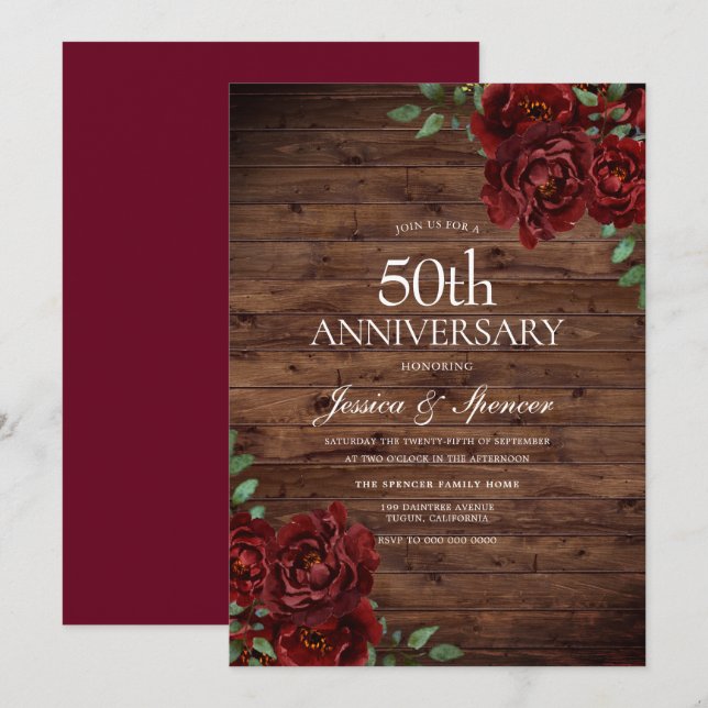 Burgundy Red Rose Rustic 50th Wedding Anniversary Invitation (Front/Back)