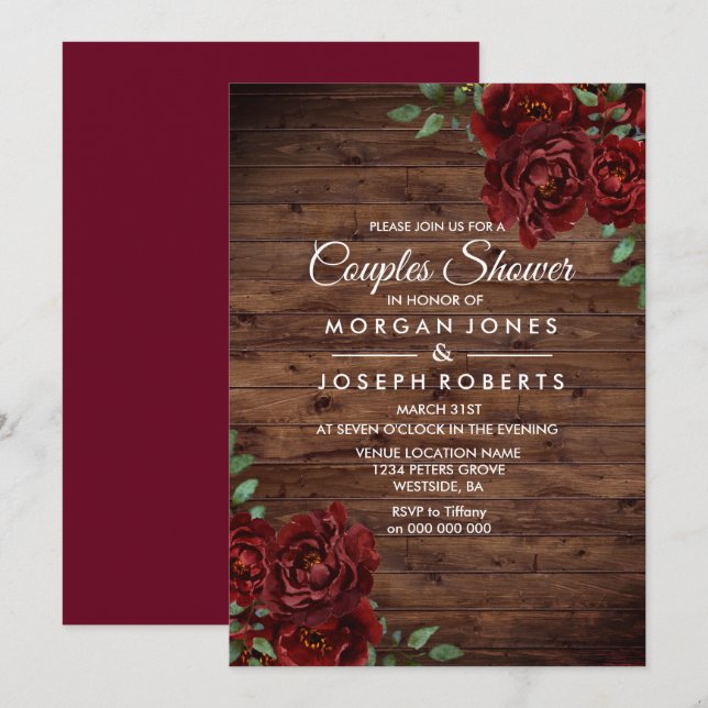 Burgundy Red Rose Rustic Couples Shower Invitation (Front/Back)