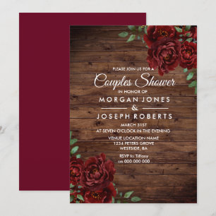 Burgundy Red Rose Rustic Couples Shower Invitation