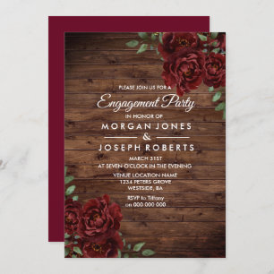 Burgundy Red Rose Rustic Engagement Party Invite