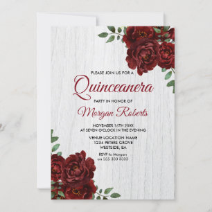 Burgundy Red Rose Rustic White Quinceanera Invite