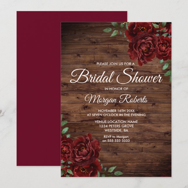 Burgundy Red Rose Rustic Wood Bridal Shower Invitation (Front/Back)