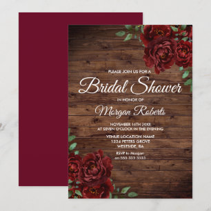 Burgundy Red Rose Rustic Wood Bridal Shower Invitation