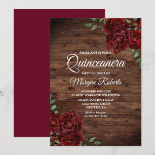 Burgundy Red Rose Rustic Wood Quinceanera Invite