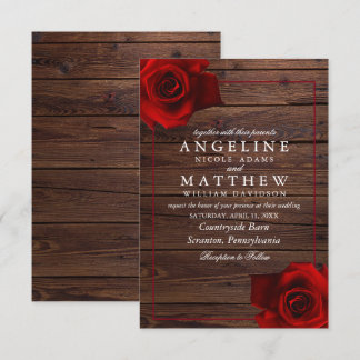 Burgundy Red Rose Rustic Wood Wedding Invitation