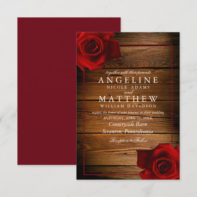 Burgundy Red Rose Rustic Wood Wedding Invitation (Front/Back)
