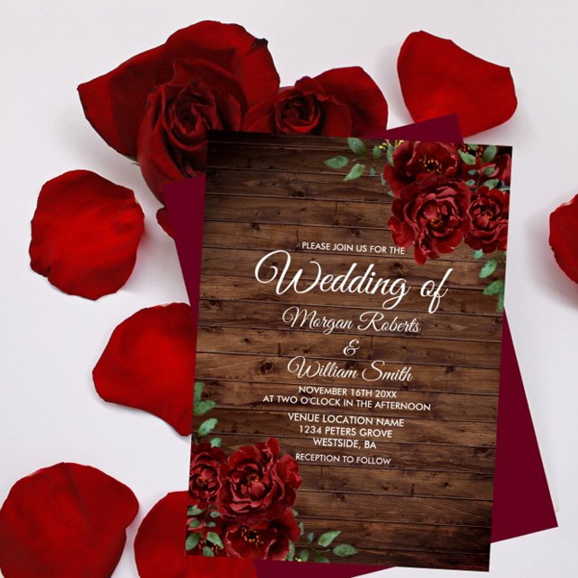 Burgundy Red Rose Rustic Wood Wedding Invitation (Creator Uploaded)