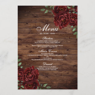 Burgundy Red Rose Rustic Wood Wedding Menu