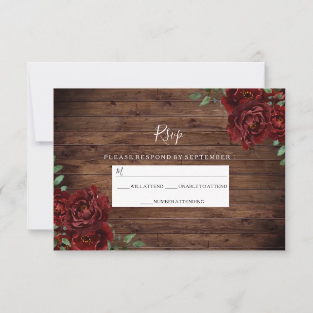 Burgundy Red Rose Rustic Wood Wedding RSVP (Front)