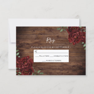 Burgundy Red Rose Rustic Wood Wedding RSVP