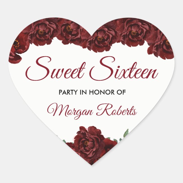 Burgundy Red Rose Sweet 16 16th Birthday Party Heart Sticker (Front)
