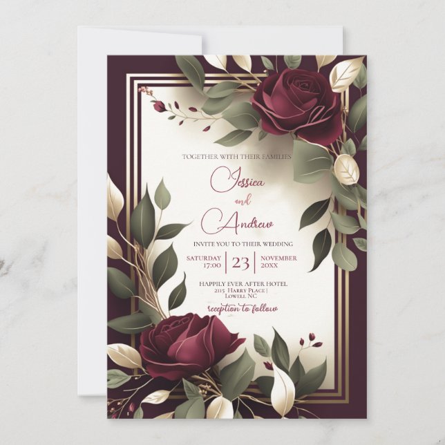 Burgundy Red RoseFloral Faux Gold Luxury Wedding  Invitation (Front)