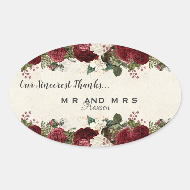 Burgundy Red Roses and Leaves Vintage Thank You Oval Sticker (Front)