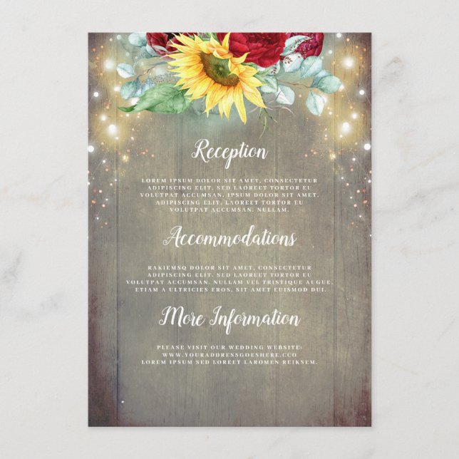 Burgundy Red Roses and Sunflower Wedding Details Enclosure Card (Front)