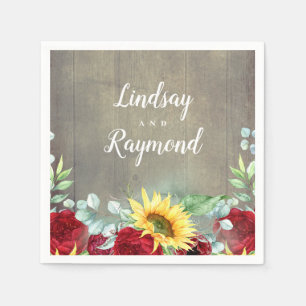Burgundy Red Roses and Sunflowers Rustic Fall Napkin