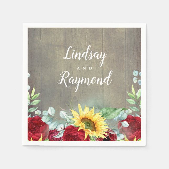 Burgundy Red Roses and Sunflowers Rustic Fall Napkin (Front)