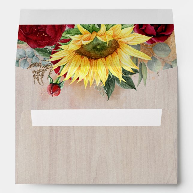 Burgundy Red Roses and Sunflowers Rustic Fall Wood Envelope (Back (Bottom))