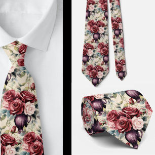 Burgundy Red Roses Blush Pink Watercolor Floral Tie
